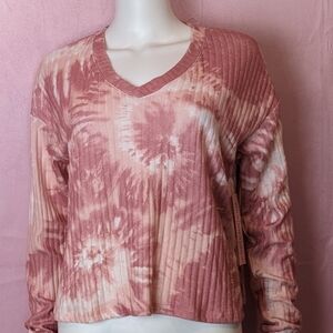 Crave Fame Mauve Soft Ribbed V Neck Long Sleeve Cropped Tee size Large